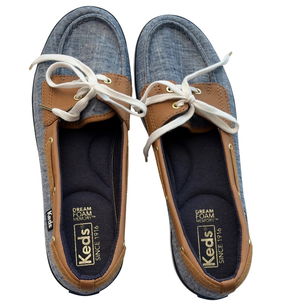 Keds Boat Shoes Blue Chambray Beige Trim Dream Foam Nautical Coastal Preppy Sz 8 - Picture 3 of 6